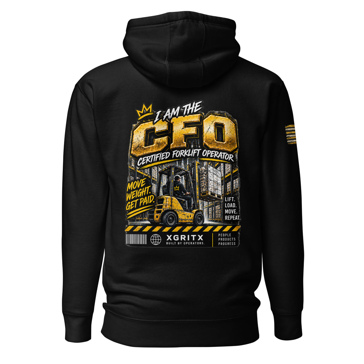 CFO Certified Forklift Operator hoodie in Black, back view with I Am The CFO Move Weight Get Paid forklift print