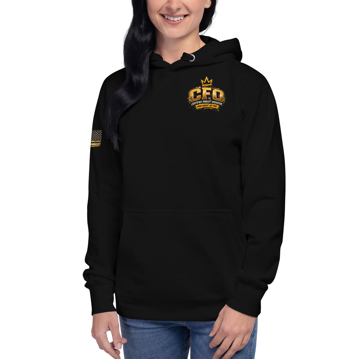 CFO Certified Forklift Operator hoodie in Black, front view with CFO chest crown badge and gold flag sleeve
