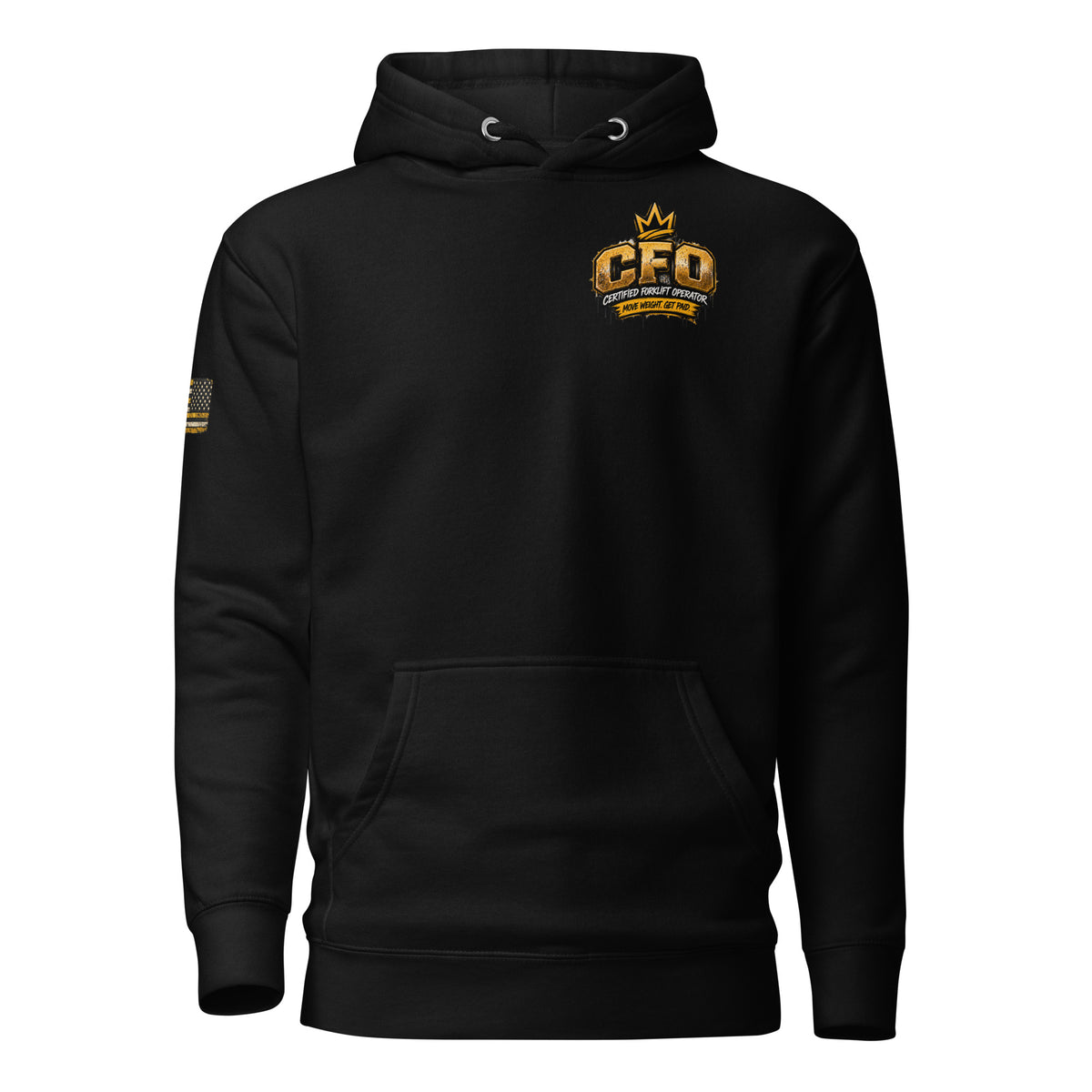 CFO Certified Forklift Operator hoodie in Black, front view with CFO chest crown badge and gold flag sleeve