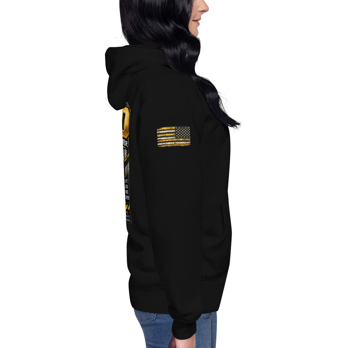 CFO Certified Forklift Operator hoodie in Black, right side view showing gold American flag sleeve print