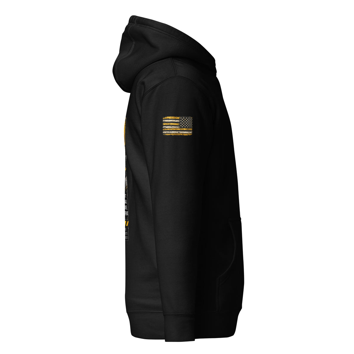 CFO Certified Forklift Operator hoodie in Black, right side view showing gold American flag sleeve print