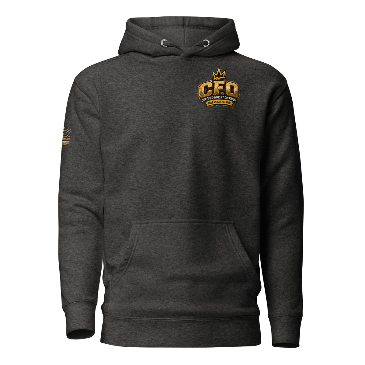 CFO Certified Forklift Operator hoodie in Charcoal Heather, front view with CFO chest crown badge and gold flag sleeve