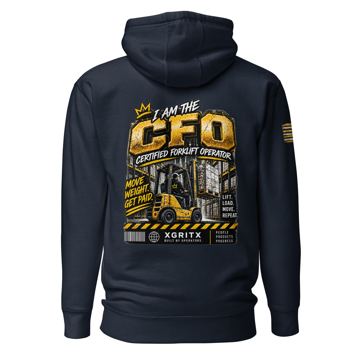 CFO Certified Forklift Operator hoodie in Navy Blazer, back view with I Am The CFO Move Weight Get Paid forklift print