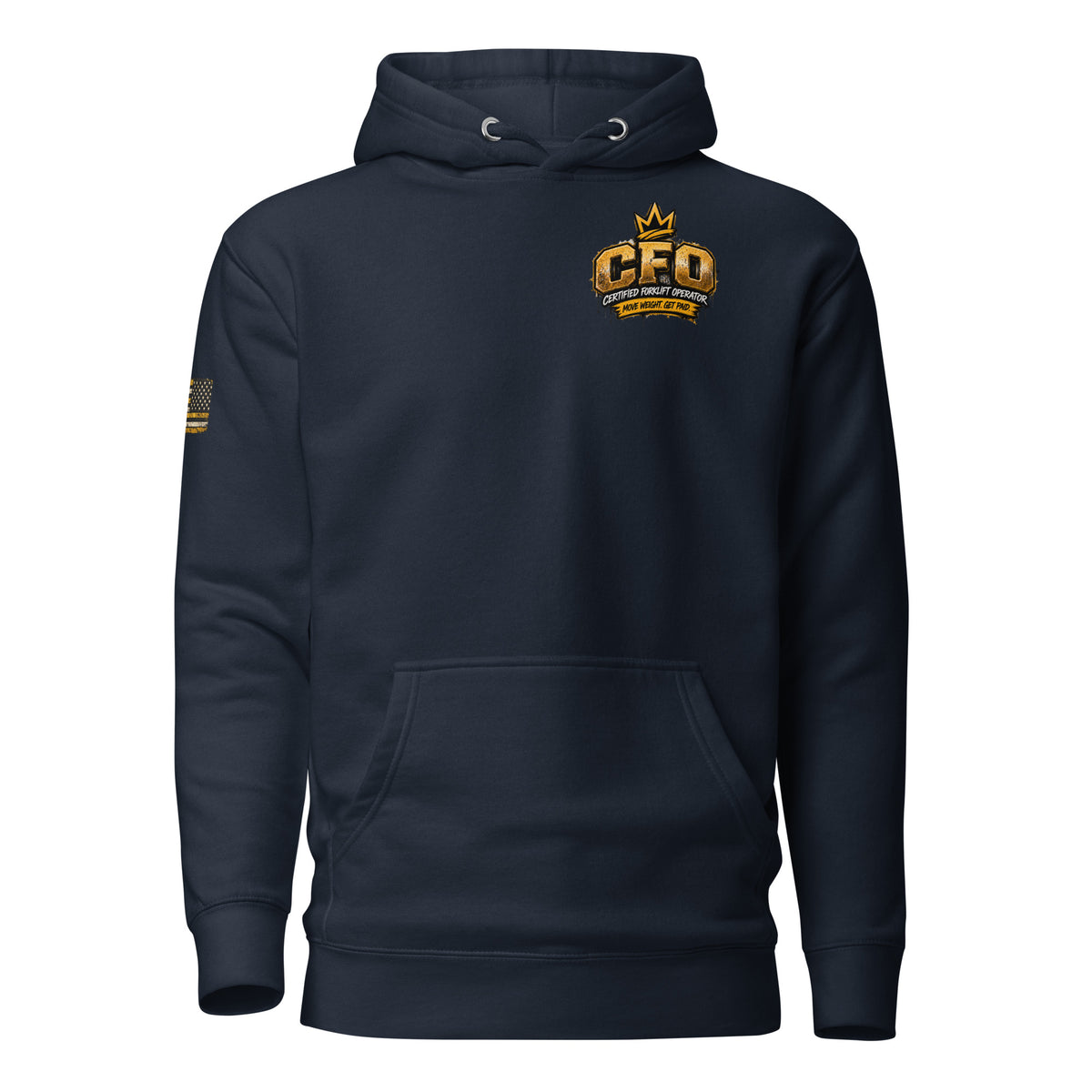CFO Certified Forklift Operator hoodie in Navy Blazer, front view with CFO chest crown badge and gold flag sleeve