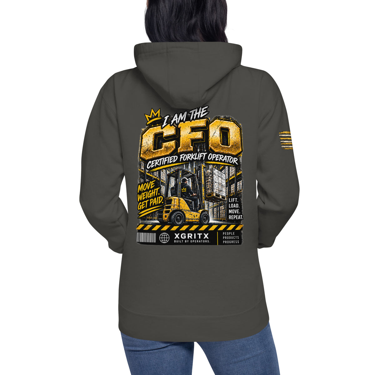 CFO Certified Forklift Operator hoodie in Vintage Black, back view with I Am The CFO Move Weight Get Paid forklift print