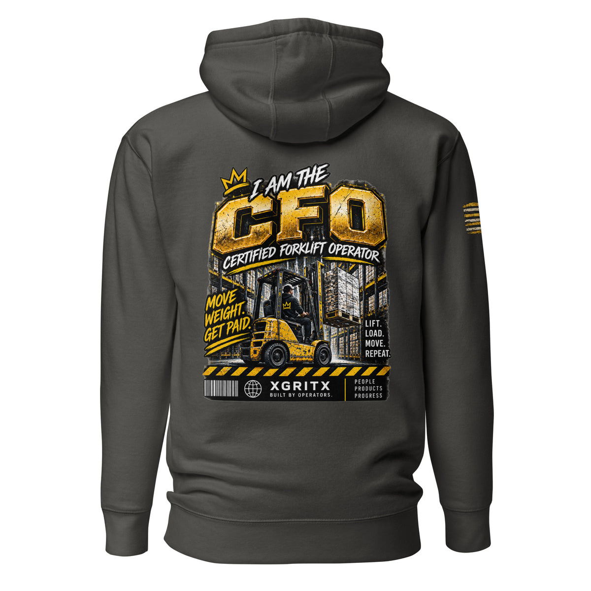 CFO Certified Forklift Operator hoodie in Vintage Black, back view with I Am The CFO Move Weight Get Paid forklift print