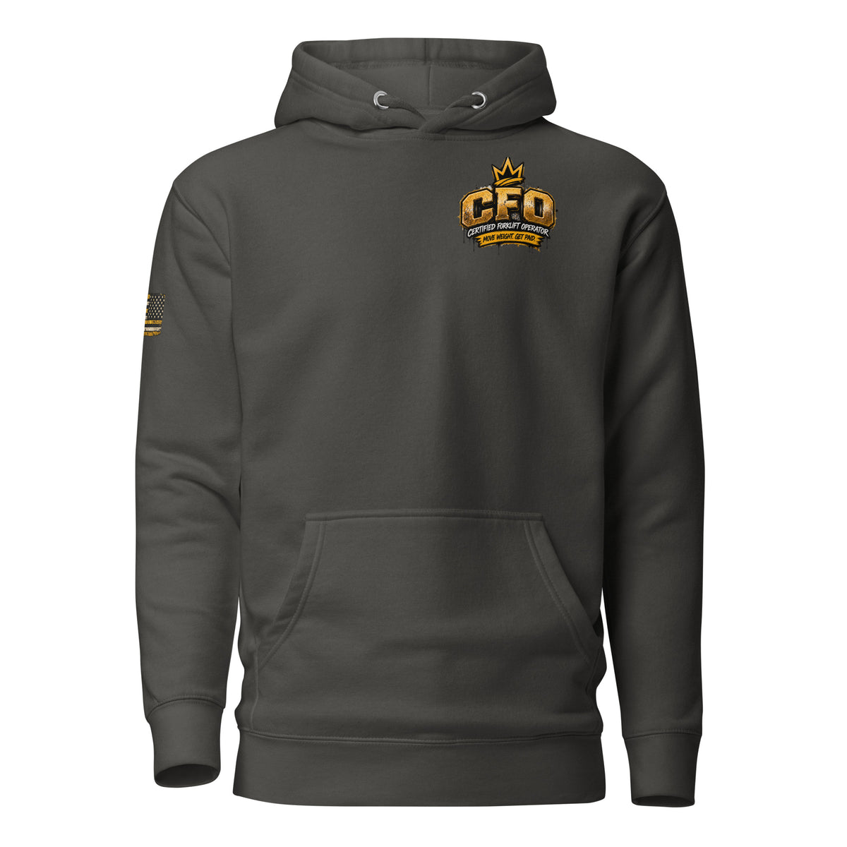 CFO Certified Forklift Operator hoodie in Vintage Black, front view with CFO chest crown badge and gold flag sleeve