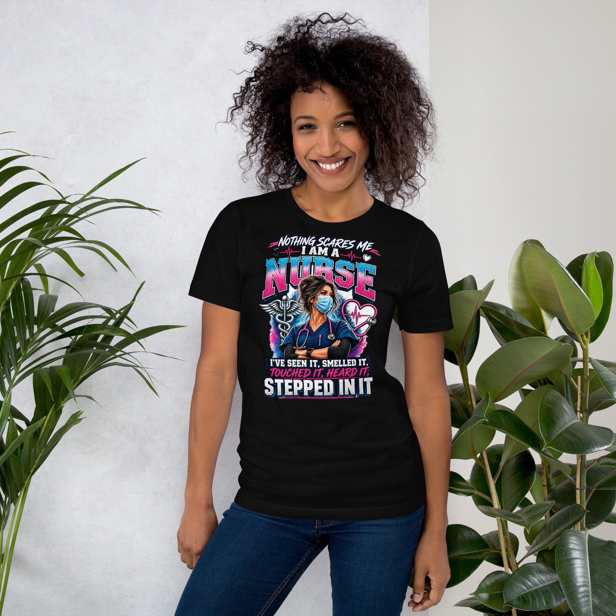 Nothing Scares Me I'm a Nurse t-shirt in Black, front print detail | XGRITX