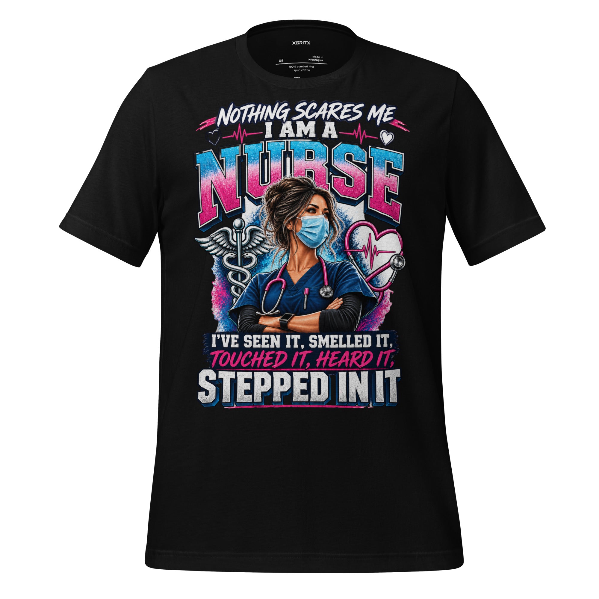 Nothing Scares Me I'm a Nurse funny nurse life t-shirt in Black, front view | XGRITX