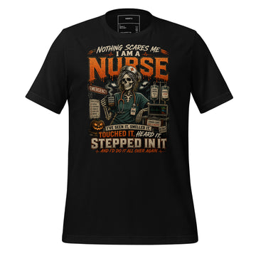 Nothing Scares Me I'm a Nurse skeleton Halloween nurse t-shirt in Black, front view | XGRITX