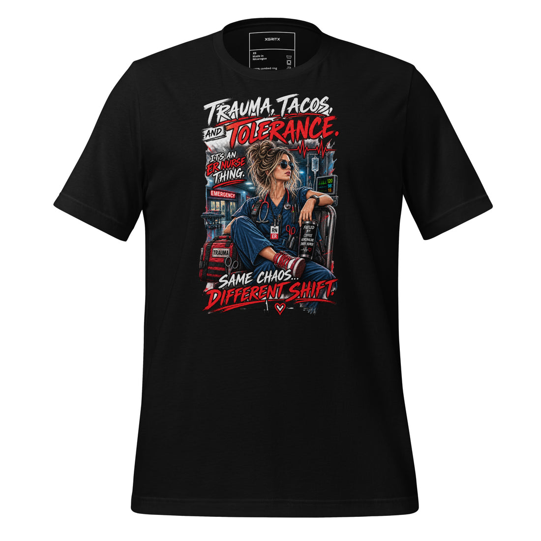Trauma Tacos and Tolerance funny ER nurse t-shirt in Black, front view | XGRITX