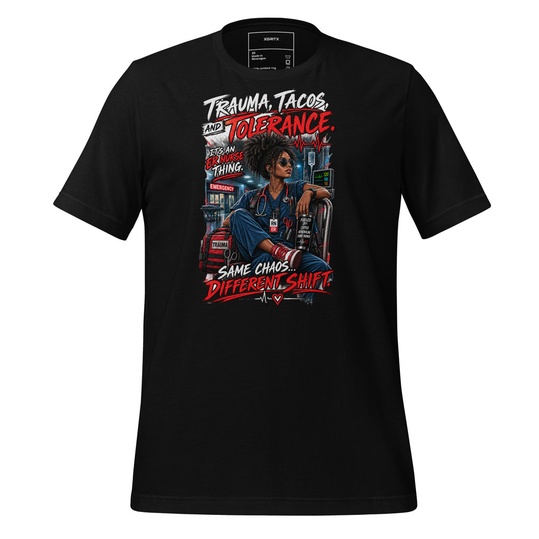 Same Chaos Different Shift funny ER nurse t-shirt in Black, front view | XGRITX