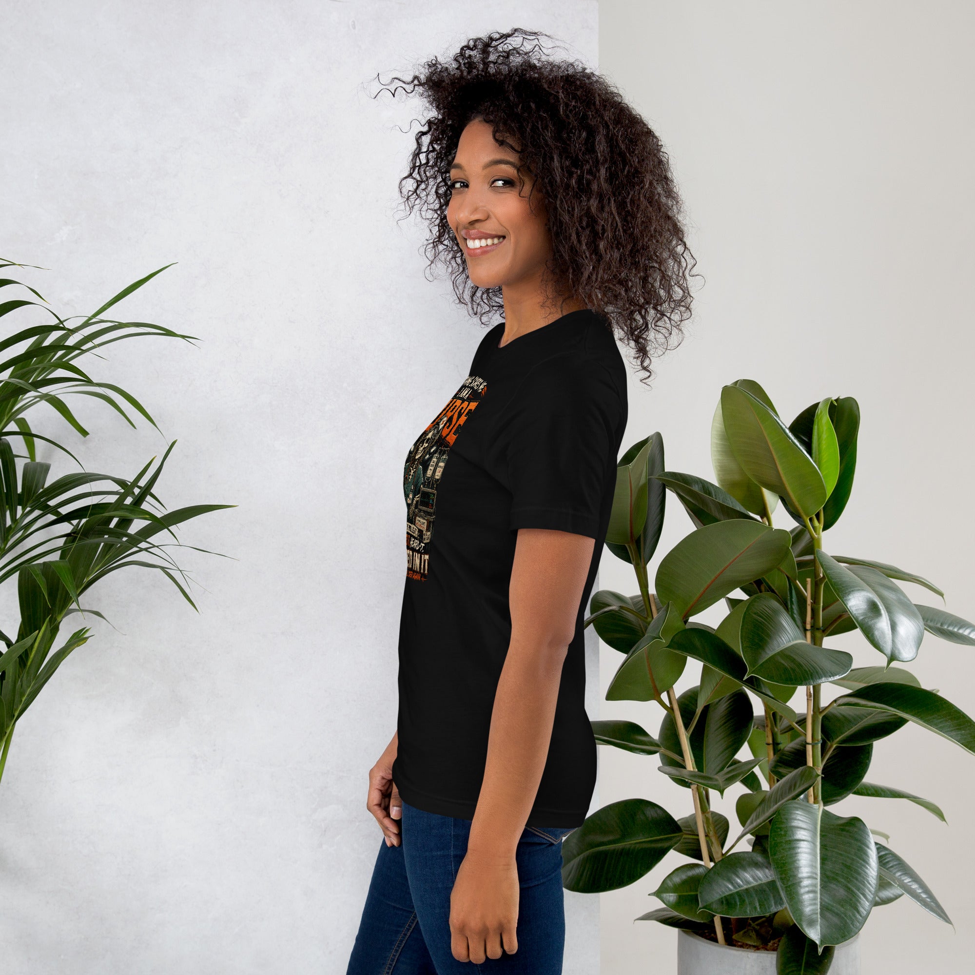 Nothing Scares Me I'm a Nurse skeleton t-shirt in Black, left side view | XGRITX