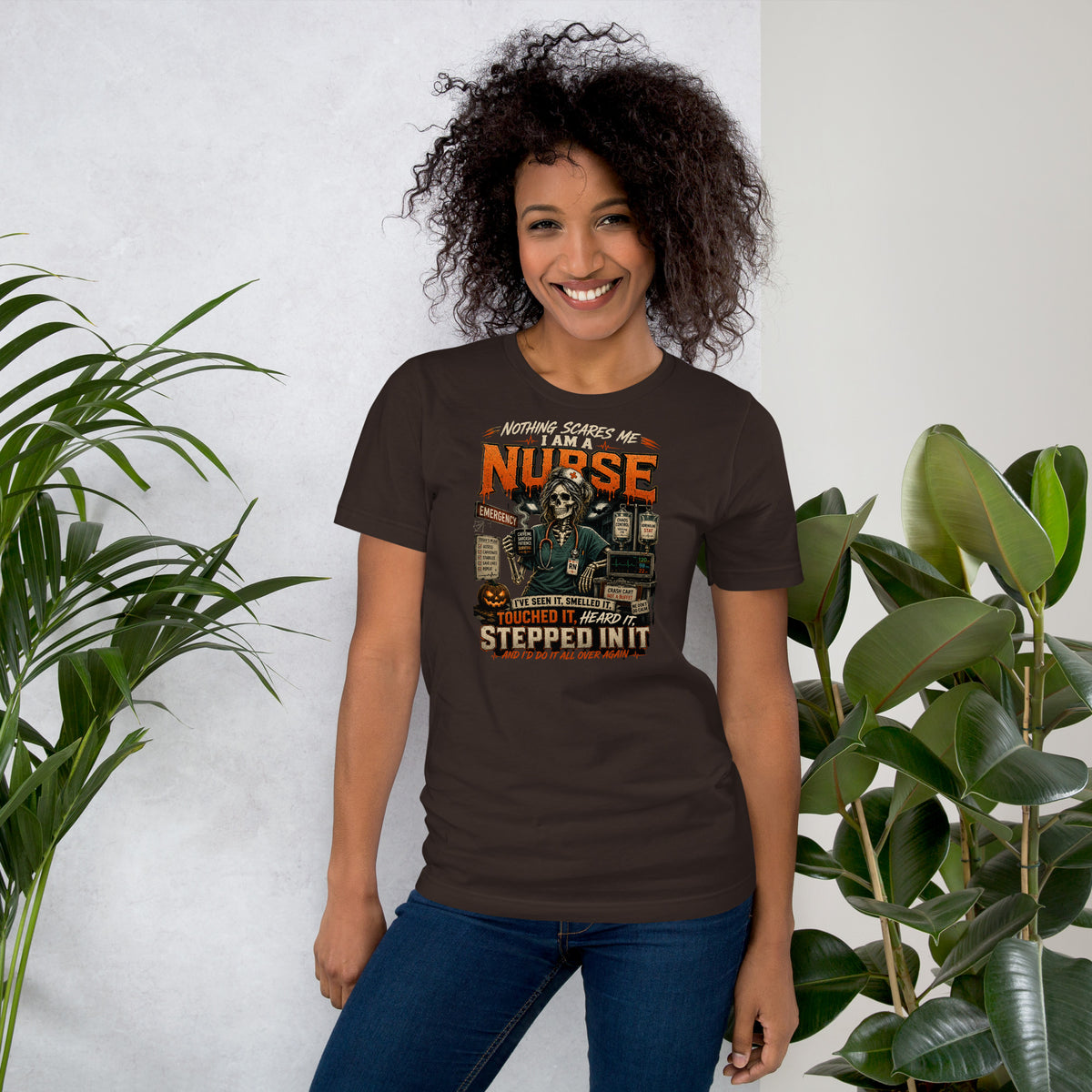 Nothing Scares Me I'm a Nurse skeleton t-shirt in Brown, front print detail | XGRITX