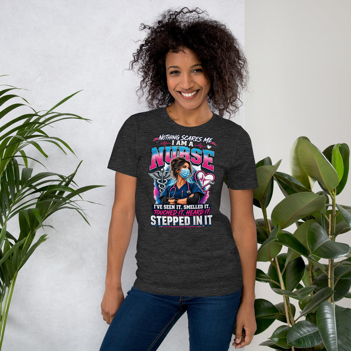 Nothing Scares Me I'm a Nurse funny nurse life t-shirt in Dark Grey Heather, front view | XGRITX