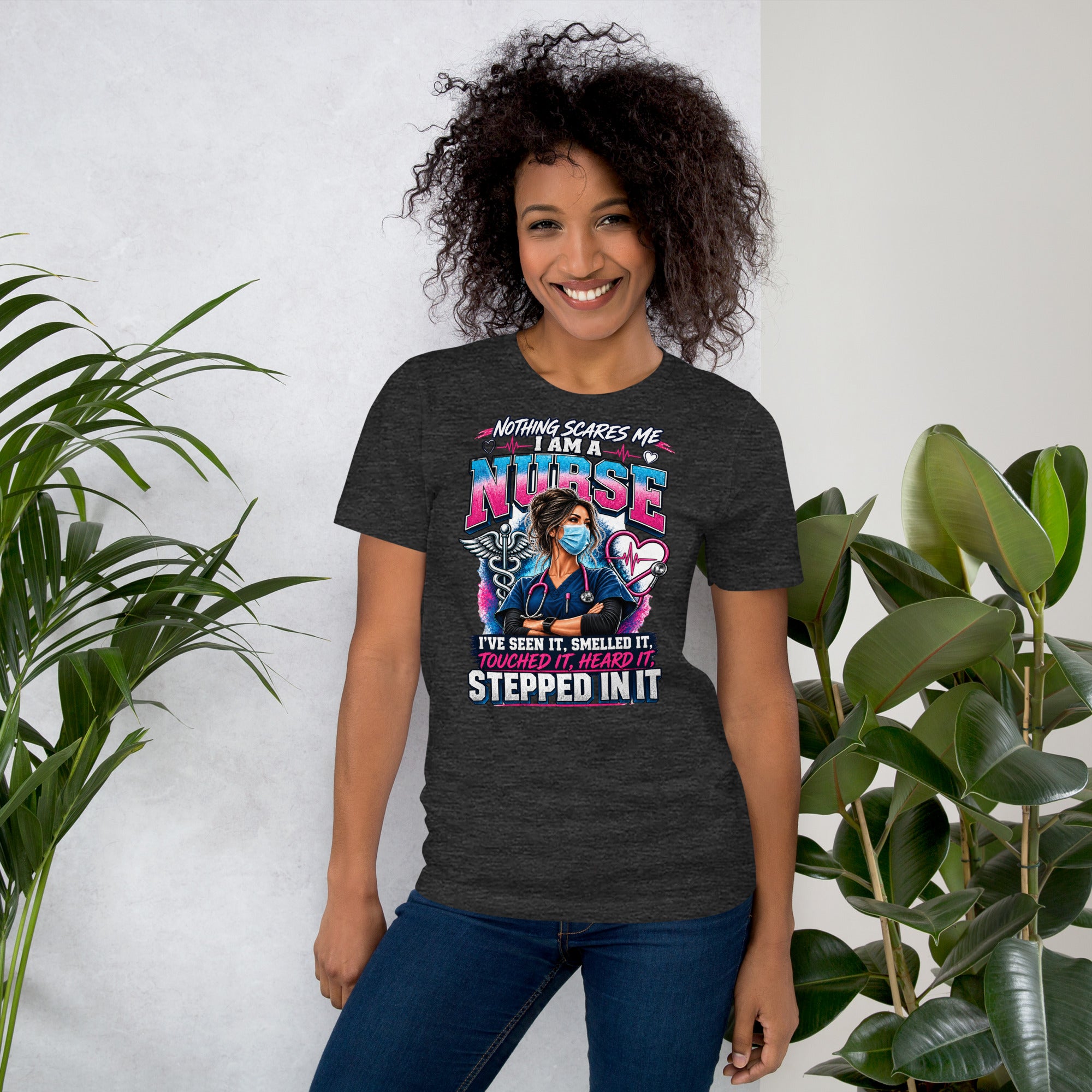 Nothing Scares Me I'm a Nurse funny nurse life t-shirt in Dark Grey Heather, front view | XGRITX