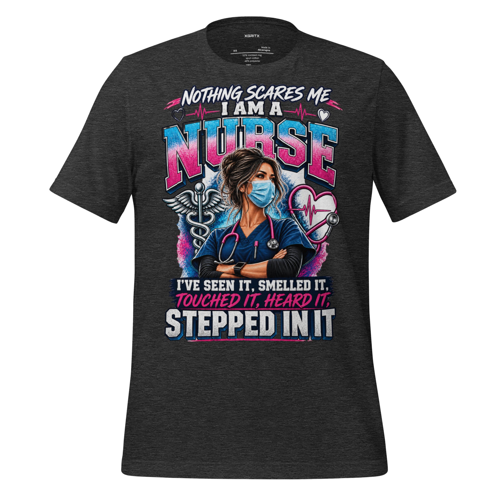 Nothing Scares Me I'm a Nurse t-shirt in Dark Grey Heather, front print detail | XGRITX