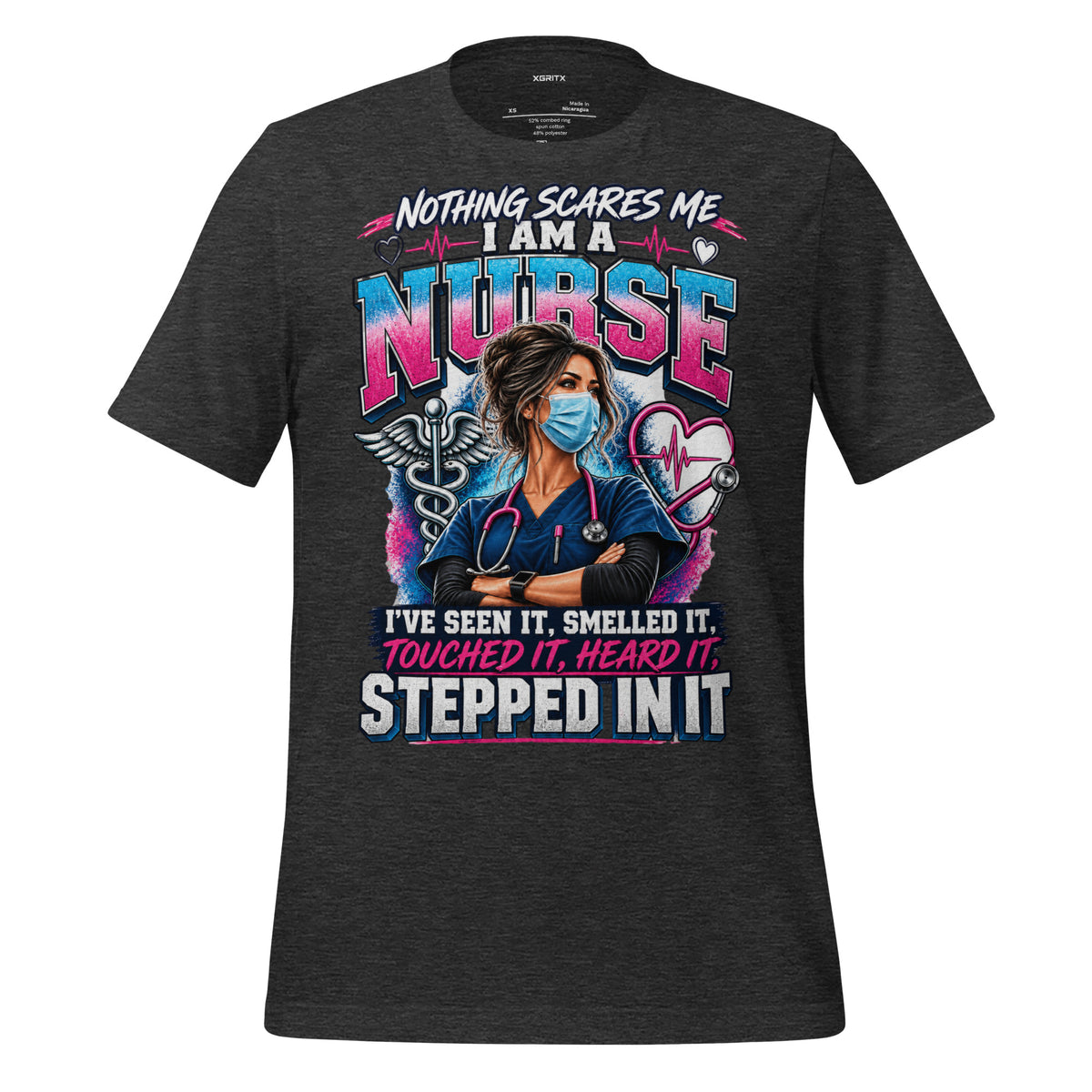 Nothing Scares Me I'm a Nurse t-shirt in Dark Grey Heather, front print detail | XGRITX