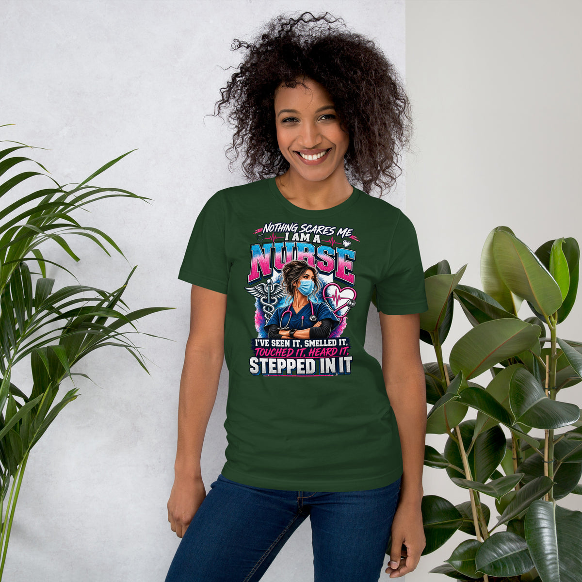 Nothing Scares Me I'm a Nurse funny nurse life t-shirt in Forest green, front view | XGRITX