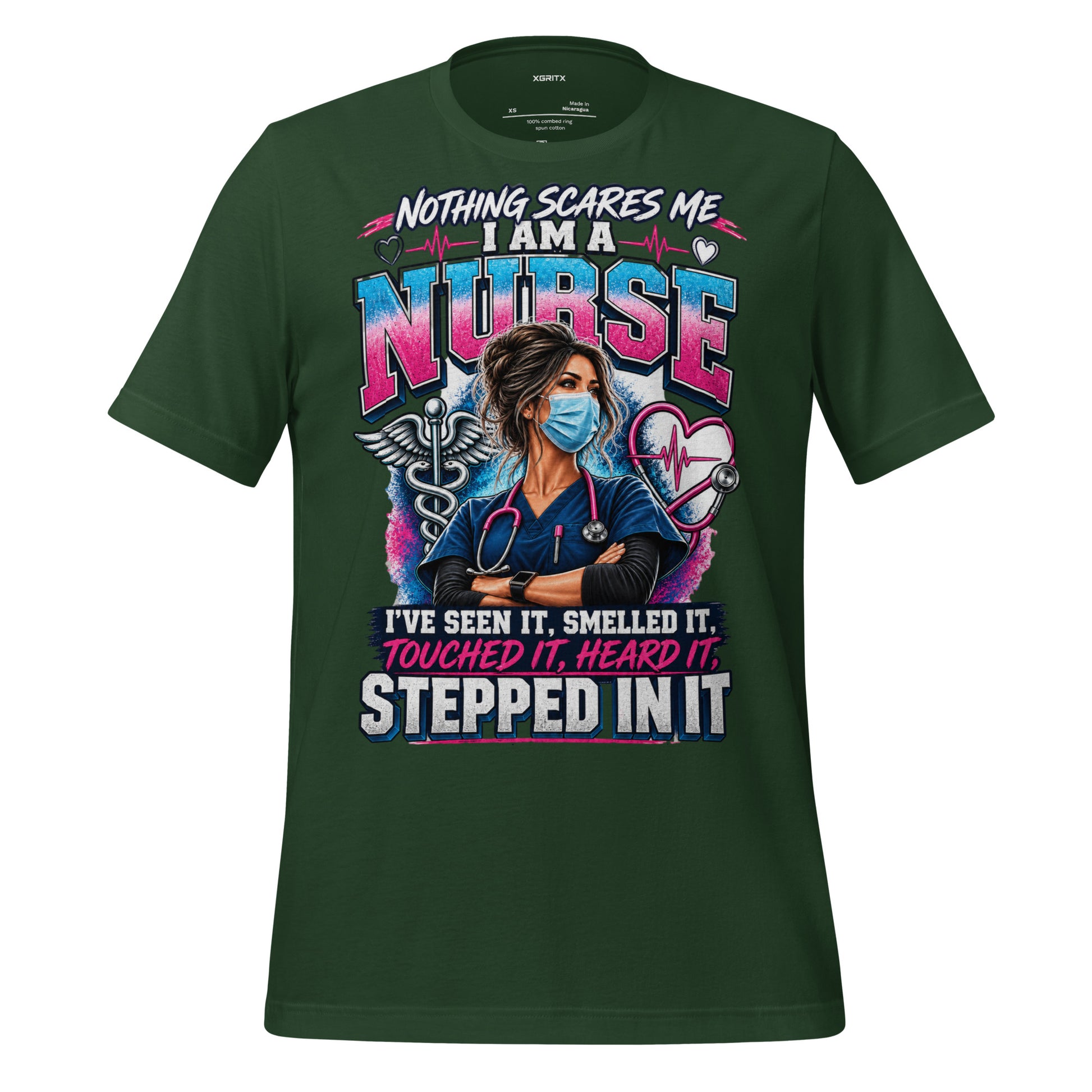 Nothing Scares Me I'm a Nurse t-shirt in Forest green, front print detail | XGRITX