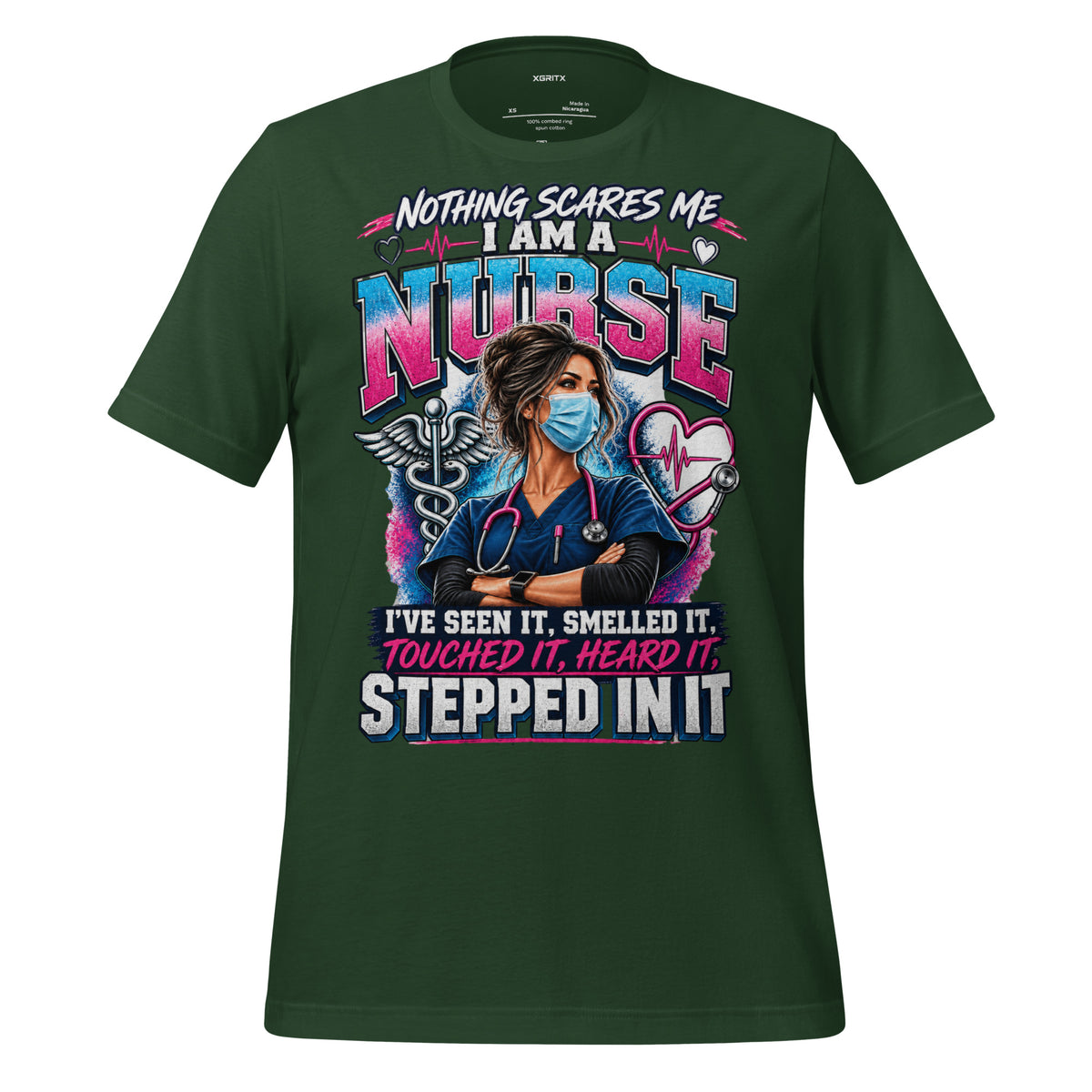 Nothing Scares Me I'm a Nurse t-shirt in Forest green, front print detail | XGRITX