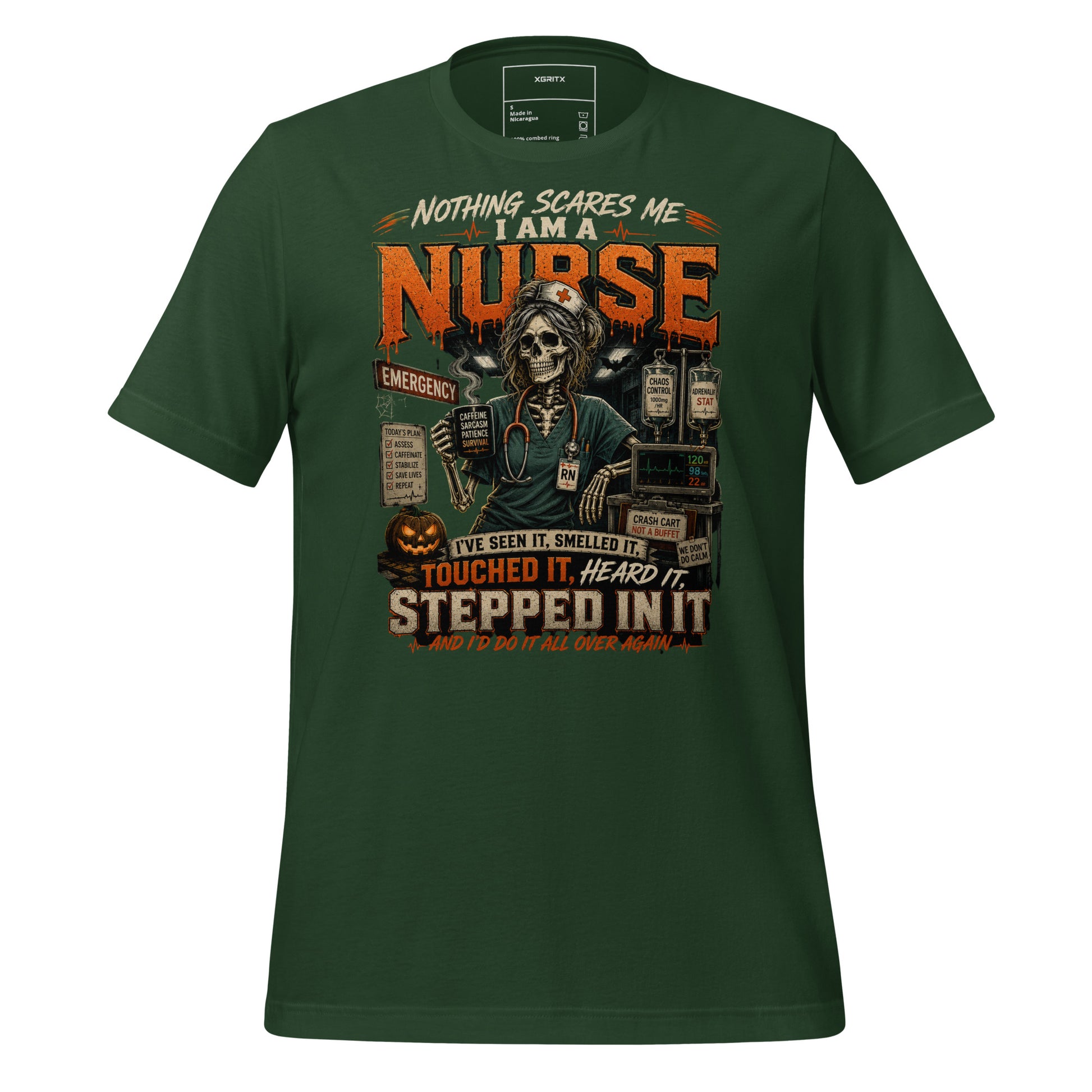 Nothing Scares Me I'm a Nurse skeleton Halloween t-shirt in Forest green, front view | XGRITX