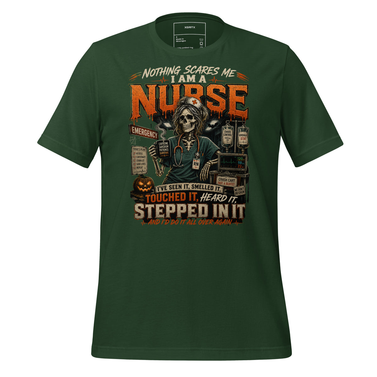 Nothing Scares Me I'm a Nurse skeleton Halloween t-shirt in Forest green, front view | XGRITX