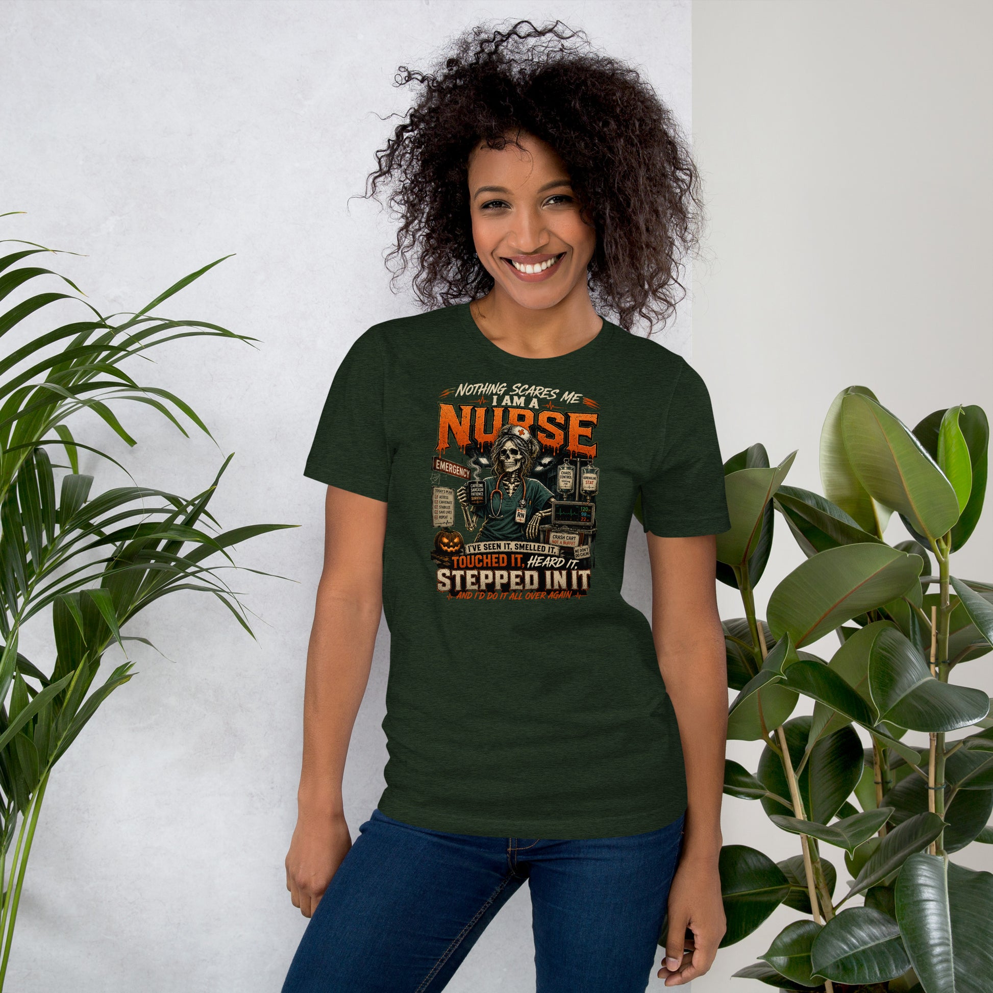 Nothing Scares Me I'm a Nurse skeleton t-shirt in Heather Emerald, front print detail | XGRITX