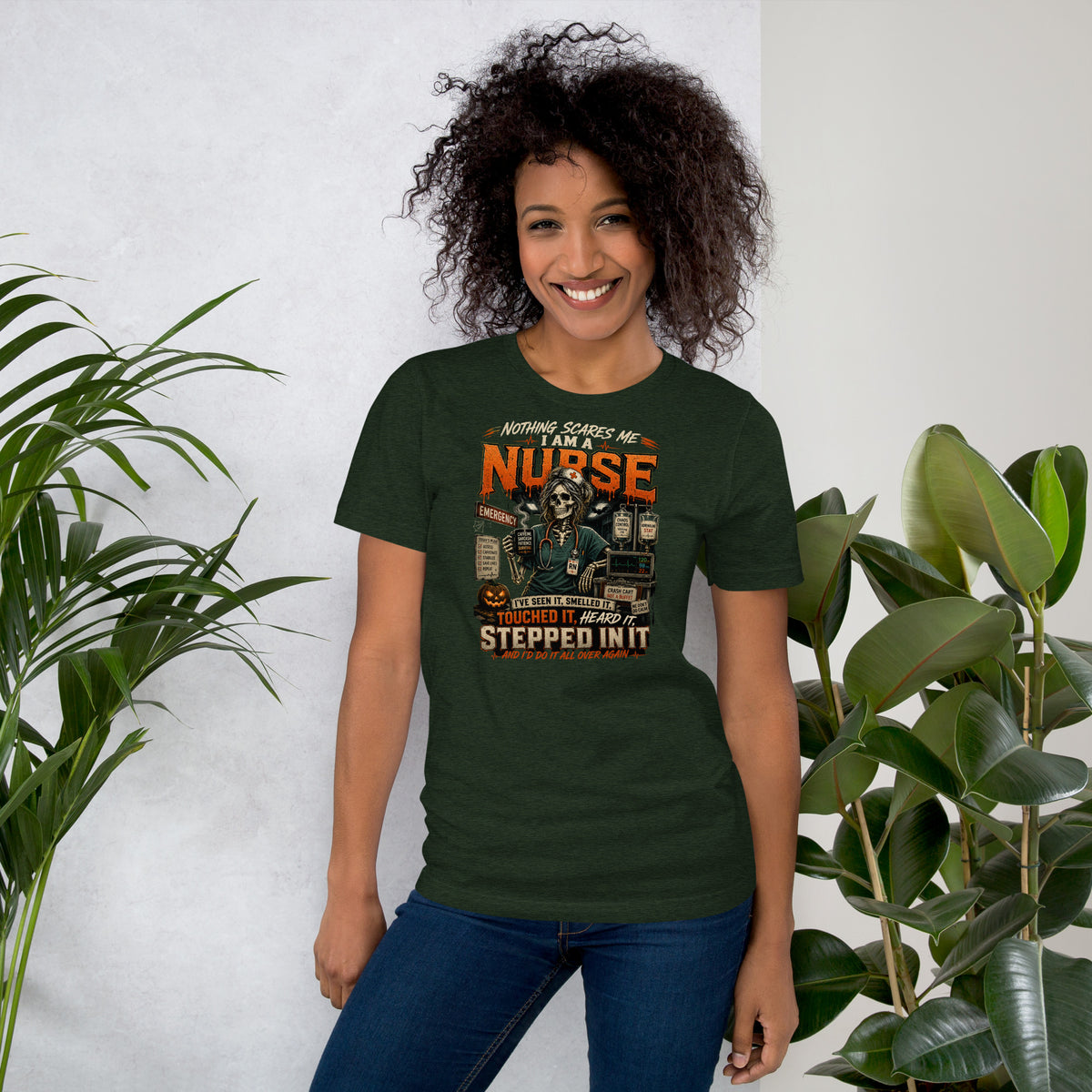 Nothing Scares Me I'm a Nurse skeleton t-shirt in Heather Emerald, front print detail | XGRITX