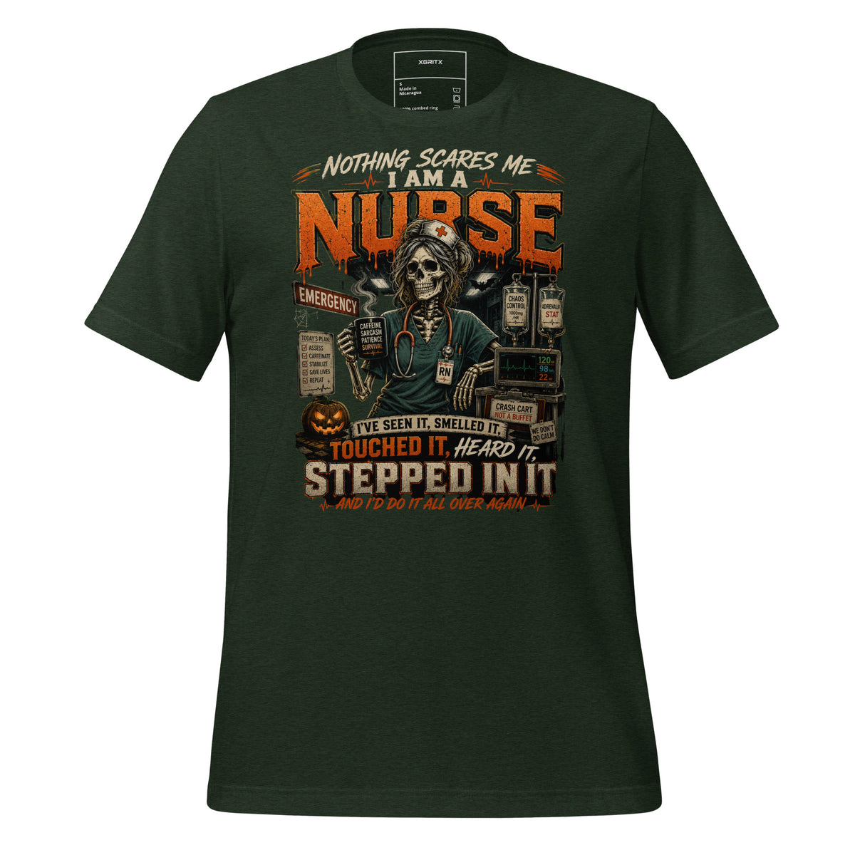 Nothing Scares Me I'm a Nurse skeleton Halloween t-shirt in Heather Emerald, front view | XGRITX