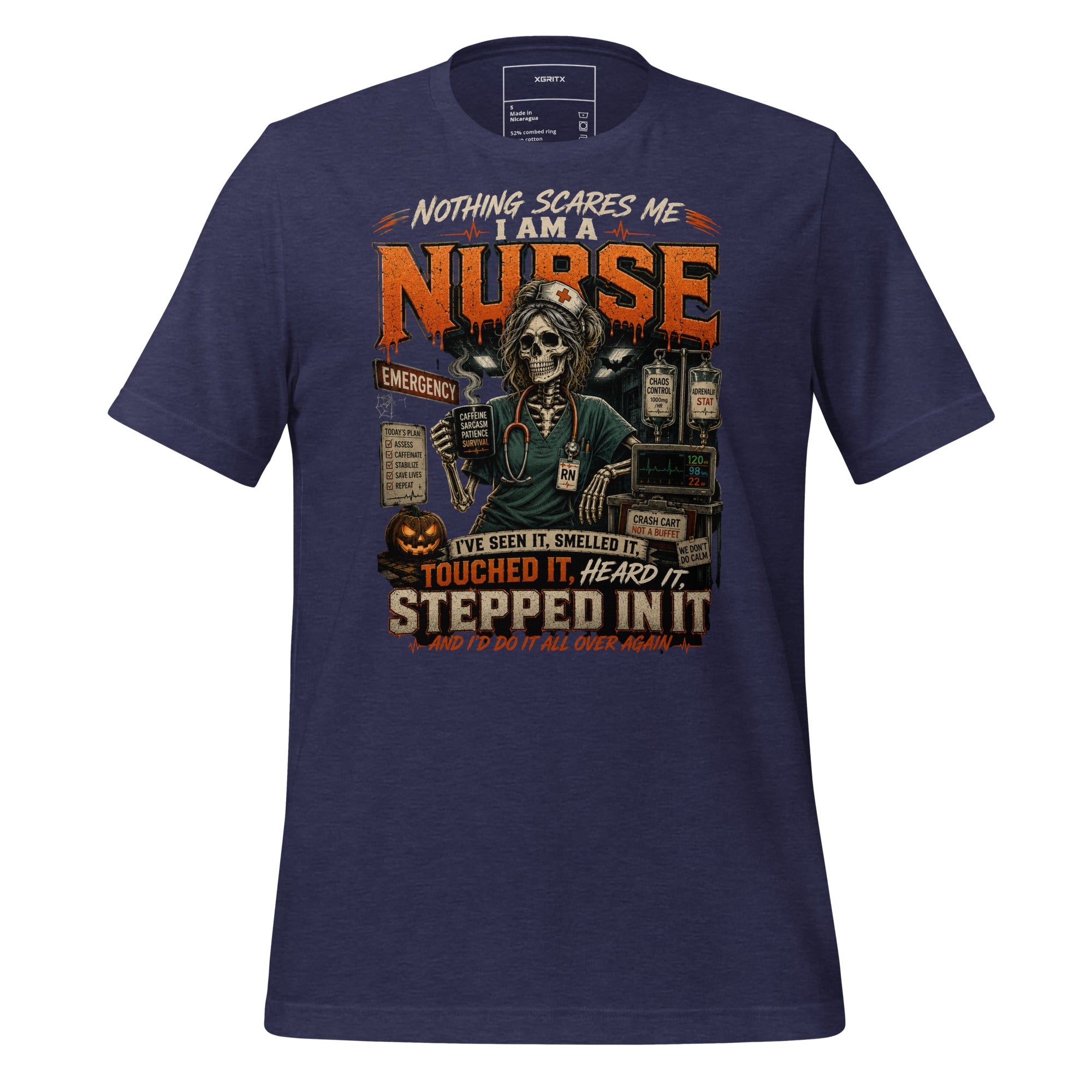 Nothing Scares Me I'm a Nurse skeleton Halloween t-shirt in Heather Midnight Navy, front view | XGRITX