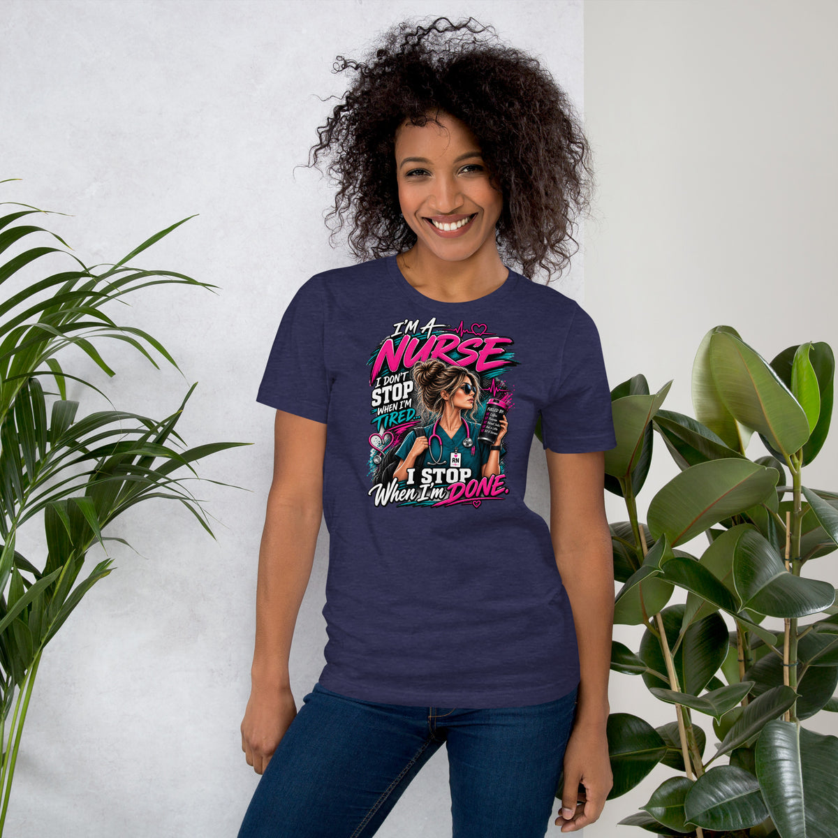 I'm a Nurse funny nursing t-shirt in Heather Midnight Navy, front view | XGRITX