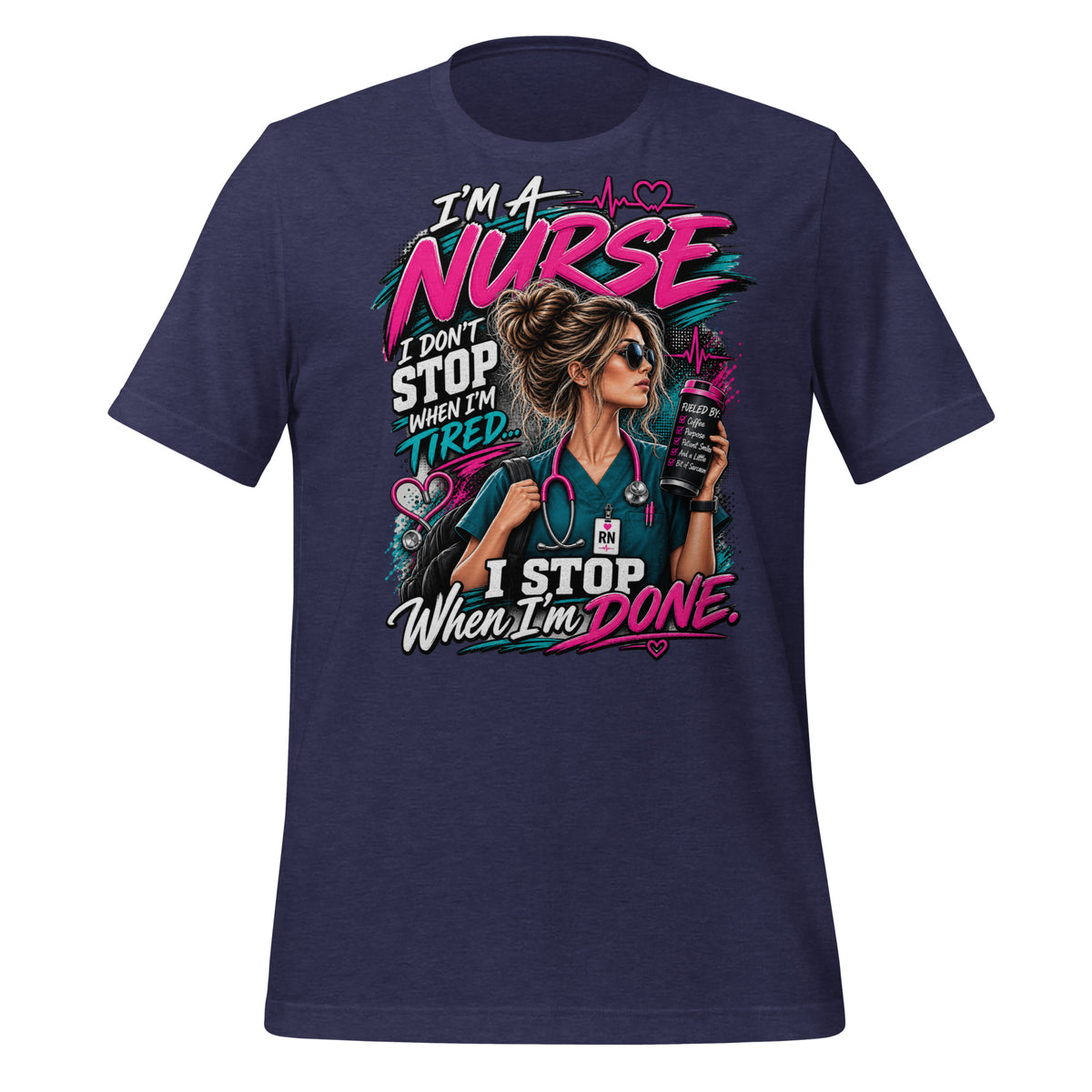 I'm a Nurse t-shirt in Heather Midnight Navy, front print detail | XGRITX