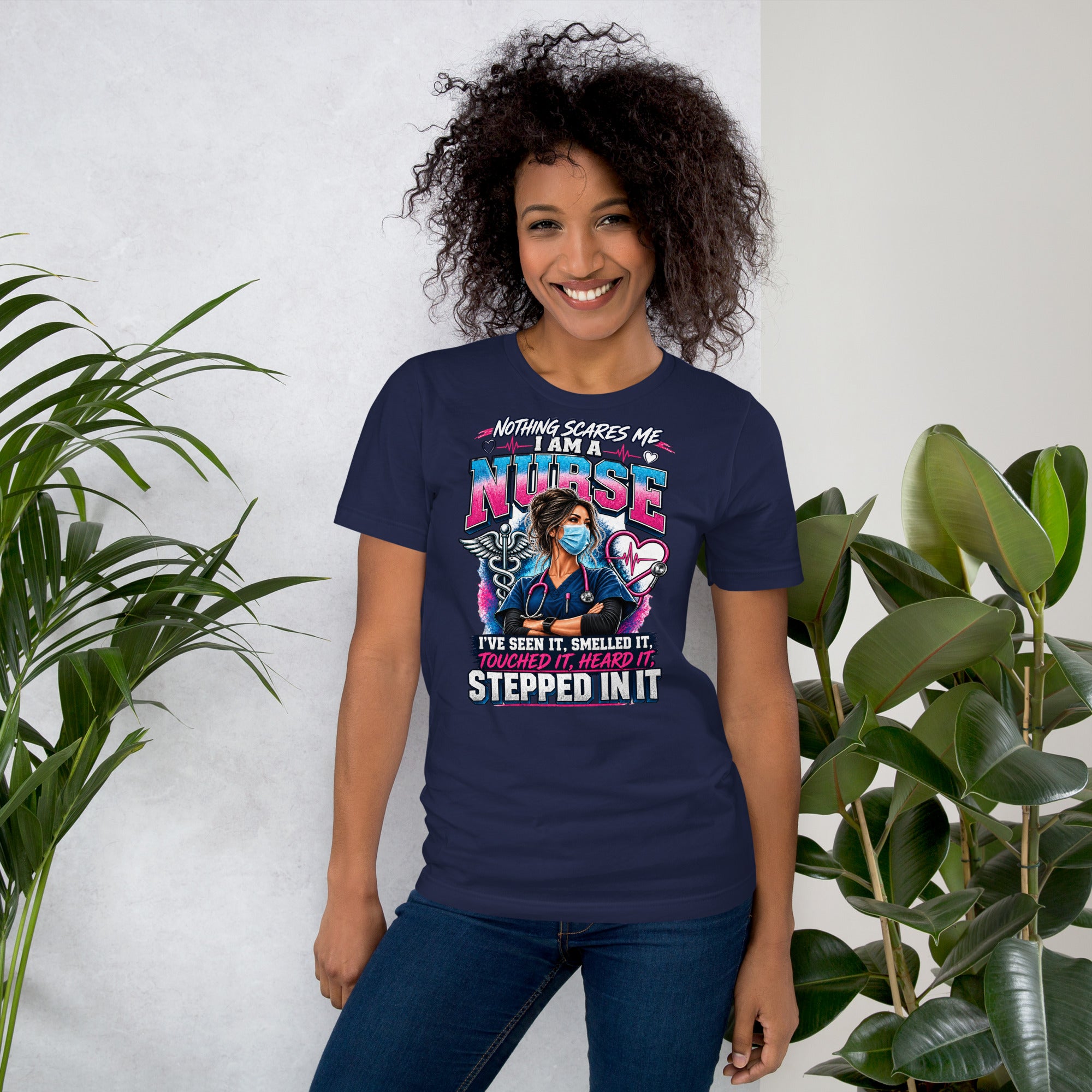 Nothing Scares Me I'm a Nurse funny nurse life t-shirt in Navy, front view | XGRITX