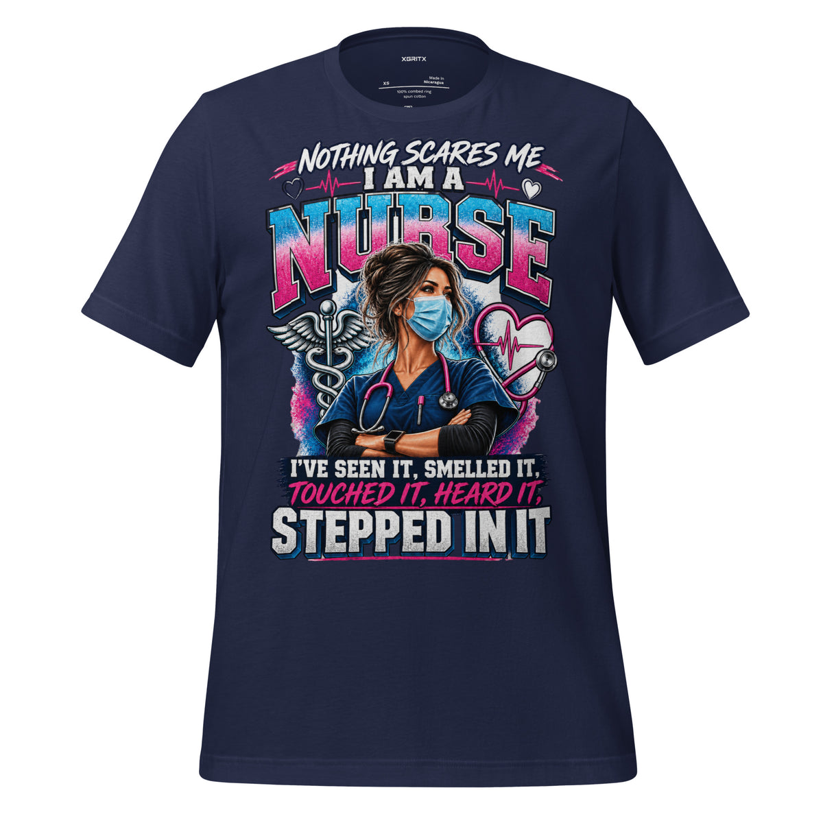 Nothing Scares Me I'm a Nurse t-shirt in Navy, front print detail | XGRITX