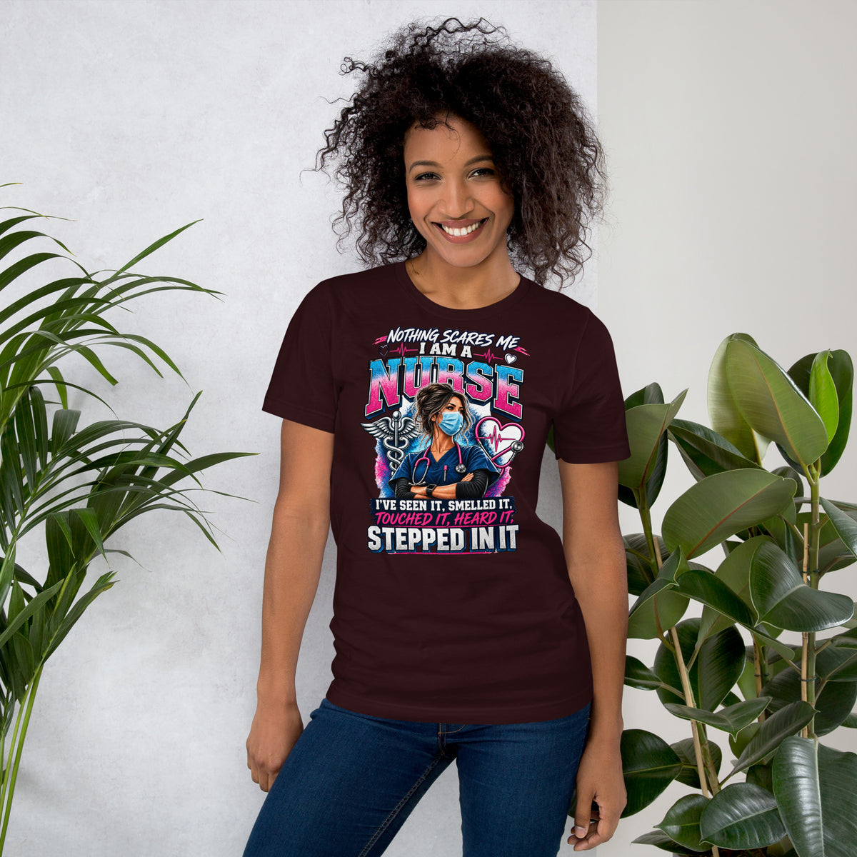 Nothing Scares Me I'm a Nurse funny nurse life t-shirt in Oxblood Black, front view | XGRITX