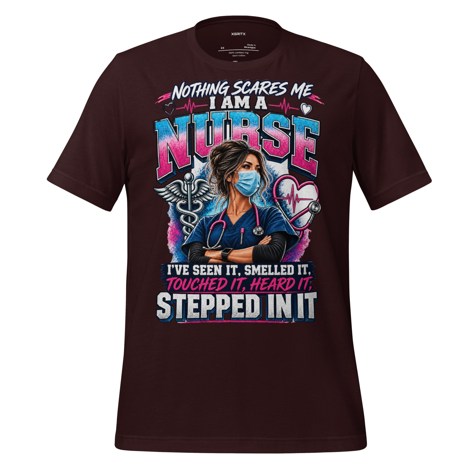 Nothing Scares Me I'm a Nurse t-shirt in Oxblood Black, front print detail | XGRITX