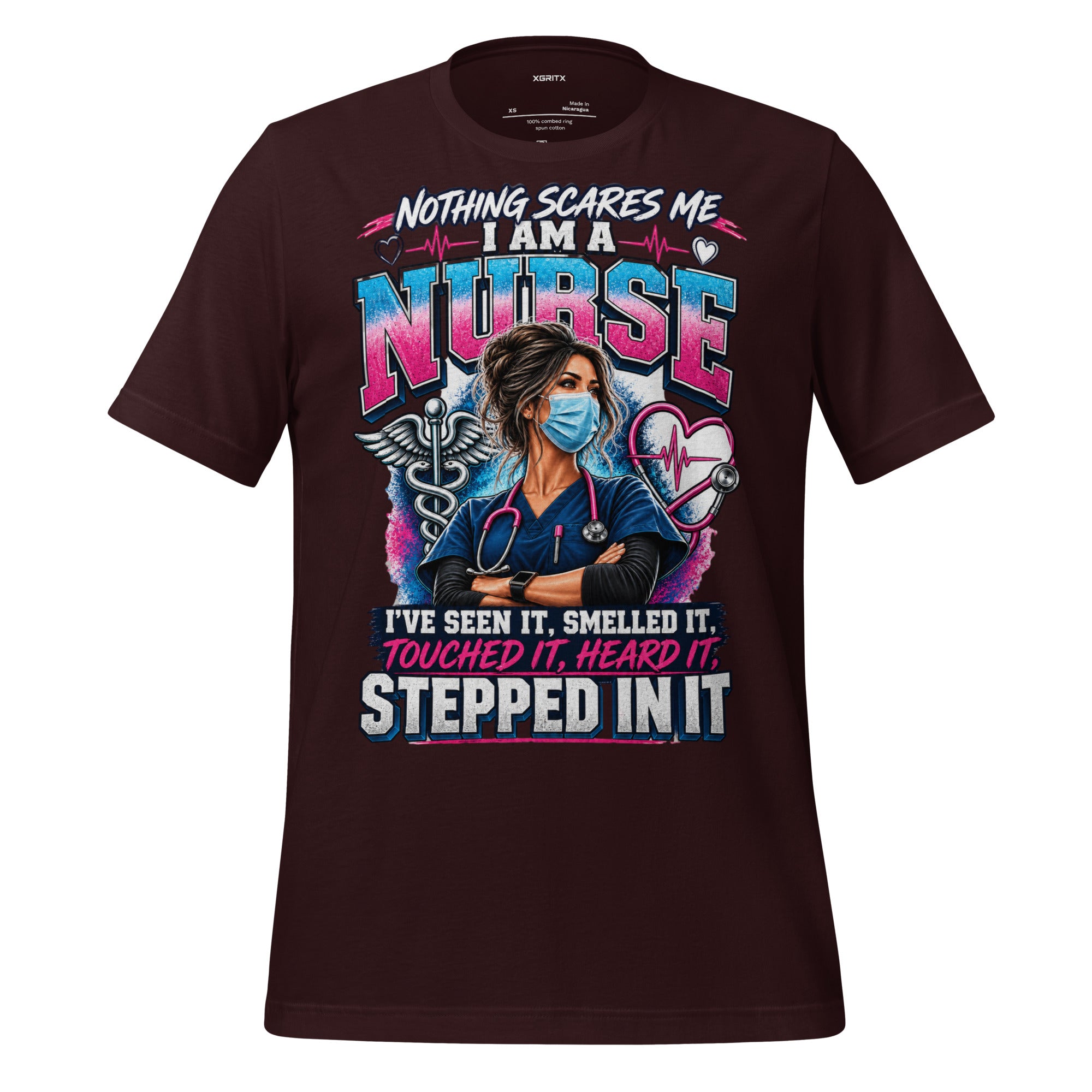 Nothing Scares Me I'm a Nurse t-shirt in Oxblood Black, front print detail | XGRITX