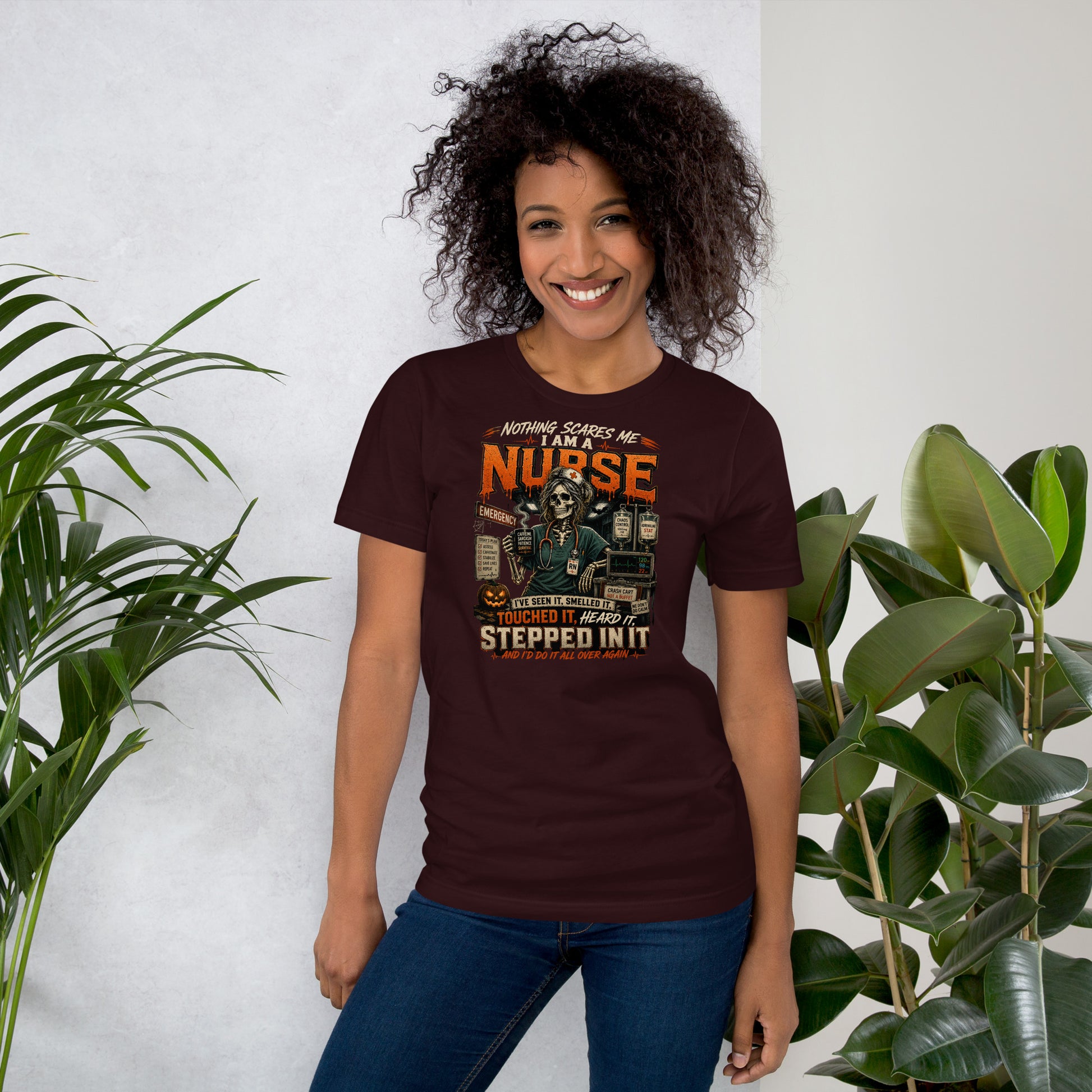 Nothing Scares Me I'm a Nurse skeleton t-shirt in Oxblood Black, front print detail | XGRITX