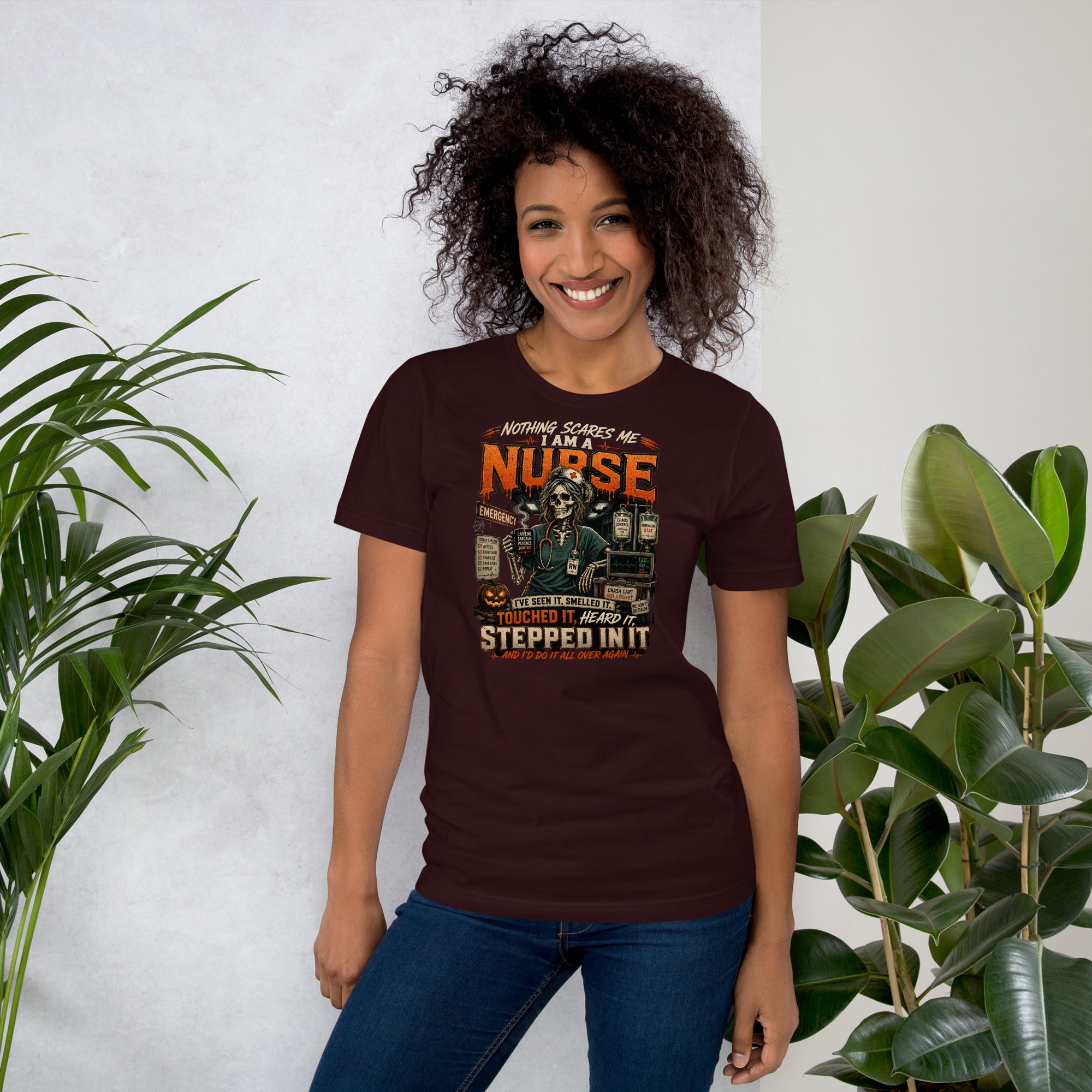 Nothing Scares Me I'm a Nurse skeleton t-shirt in Oxblood Black, front print detail | XGRITX