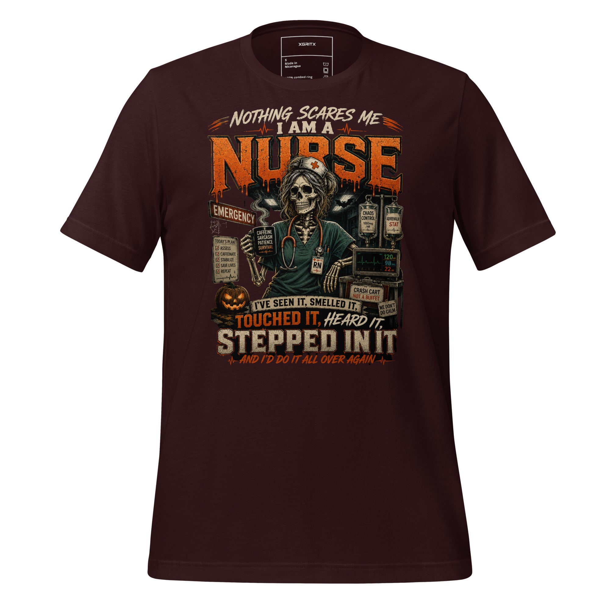 Nothing Scares Me I'm a Nurse skeleton Halloween t-shirt in Oxblood Black, front view | XGRITX
