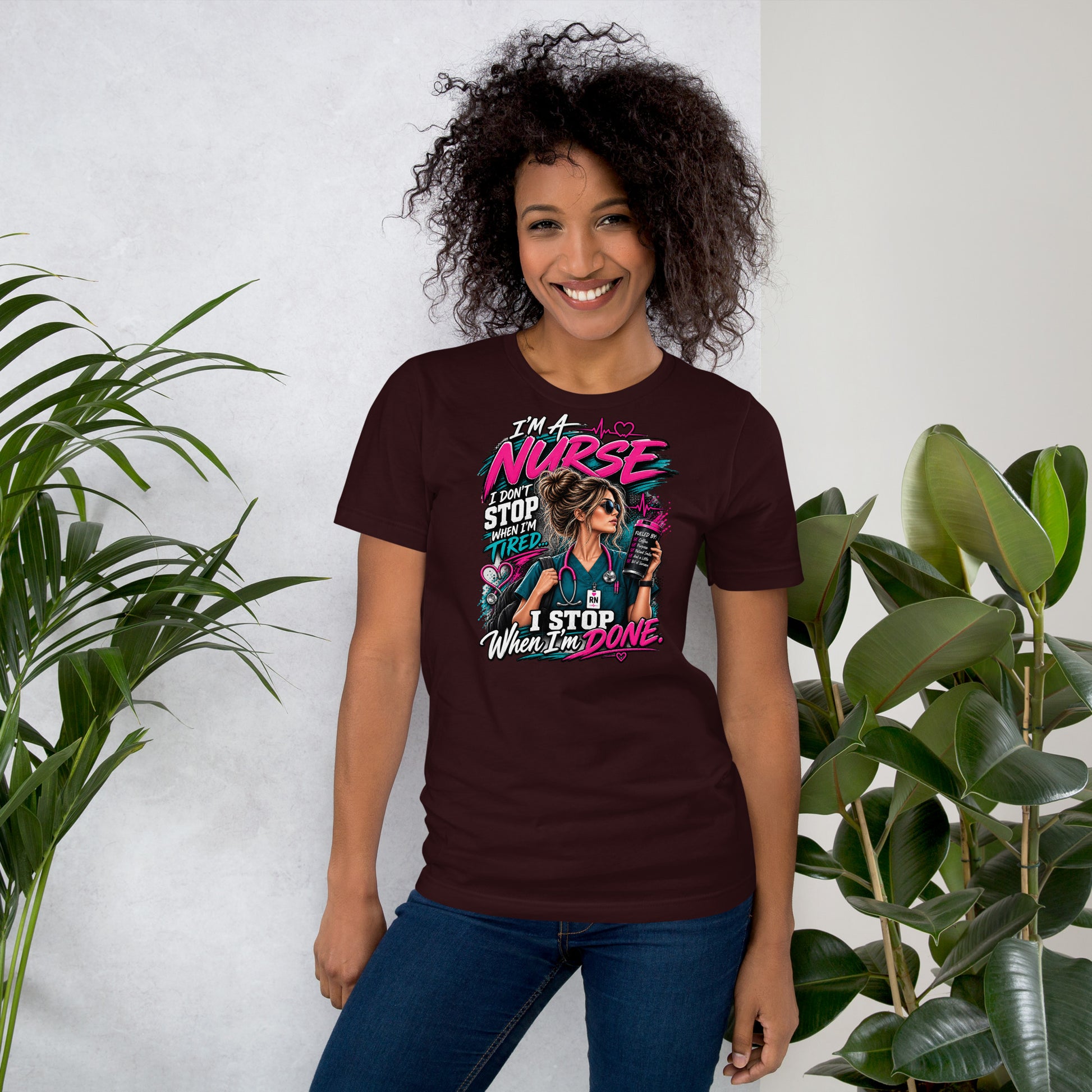 I'm a Nurse funny nursing t-shirt in Oxblood Black, front view | XGRITX