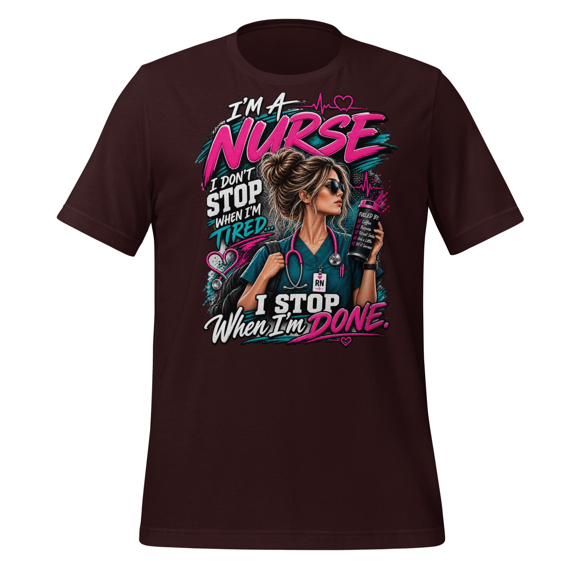 I'm a Nurse t-shirt in Oxblood Black, front print detail | XGRITX