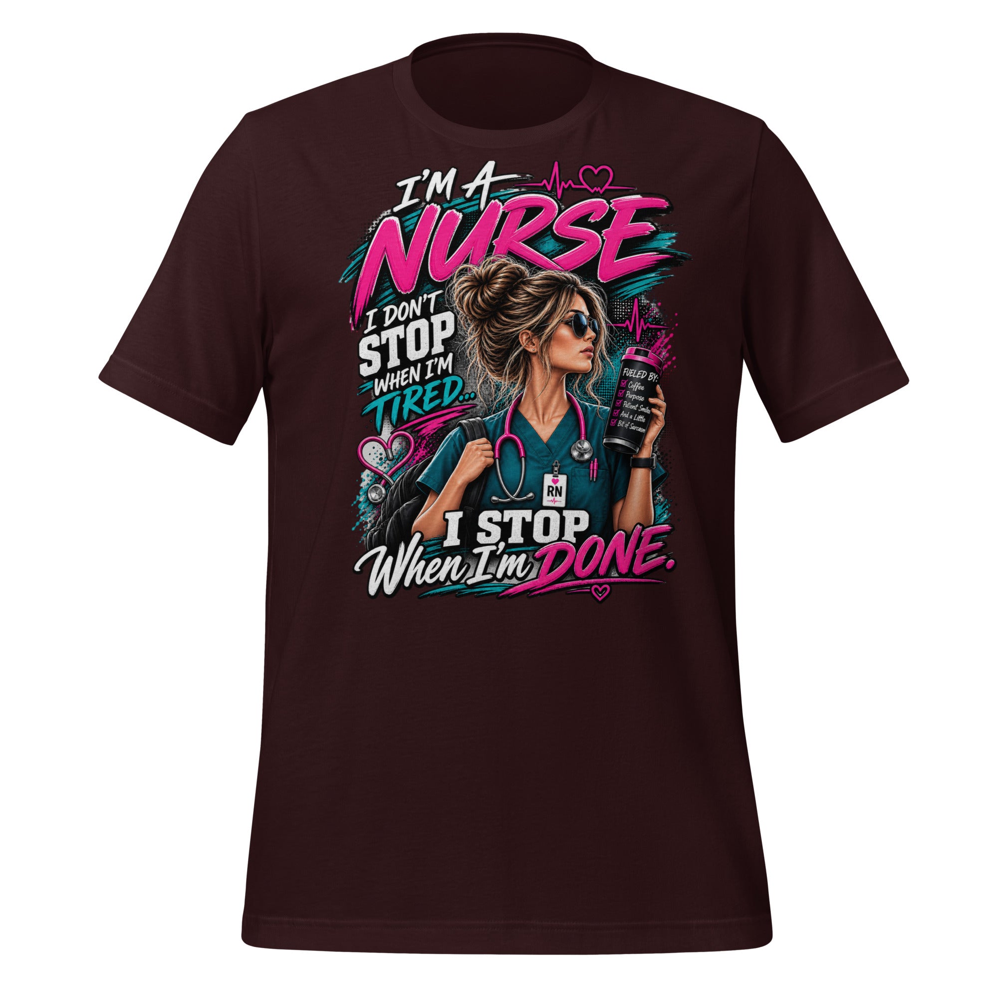 I'm a Nurse t-shirt in Oxblood Black, front print detail | XGRITX