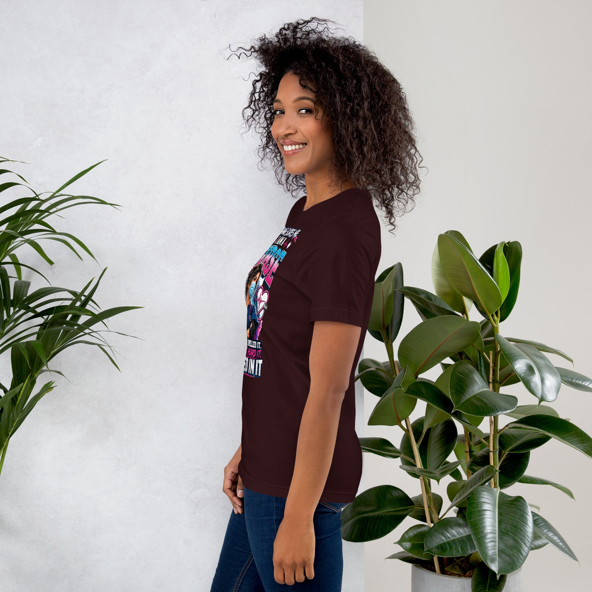 Nothing Scares Me I'm a Nurse t-shirt in Oxblood Black, left side view | XGRITX