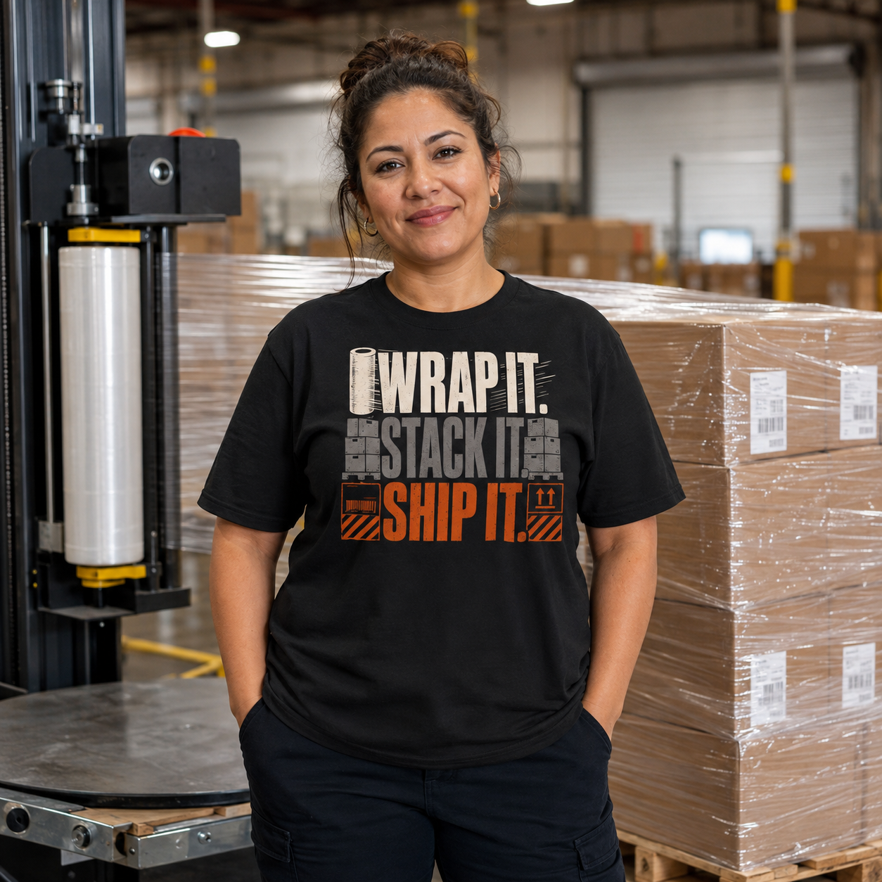 Woman shipping worker wearing Wrap It Stack It Ship It warehouse heavyweight T-shirt