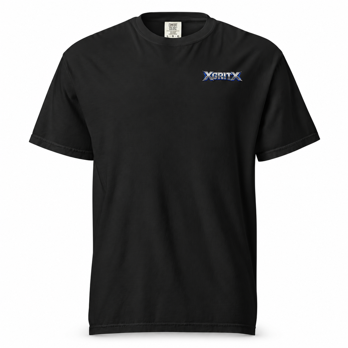 Black T-shirt front with small blue and silver XGRITX logo on the left chest.