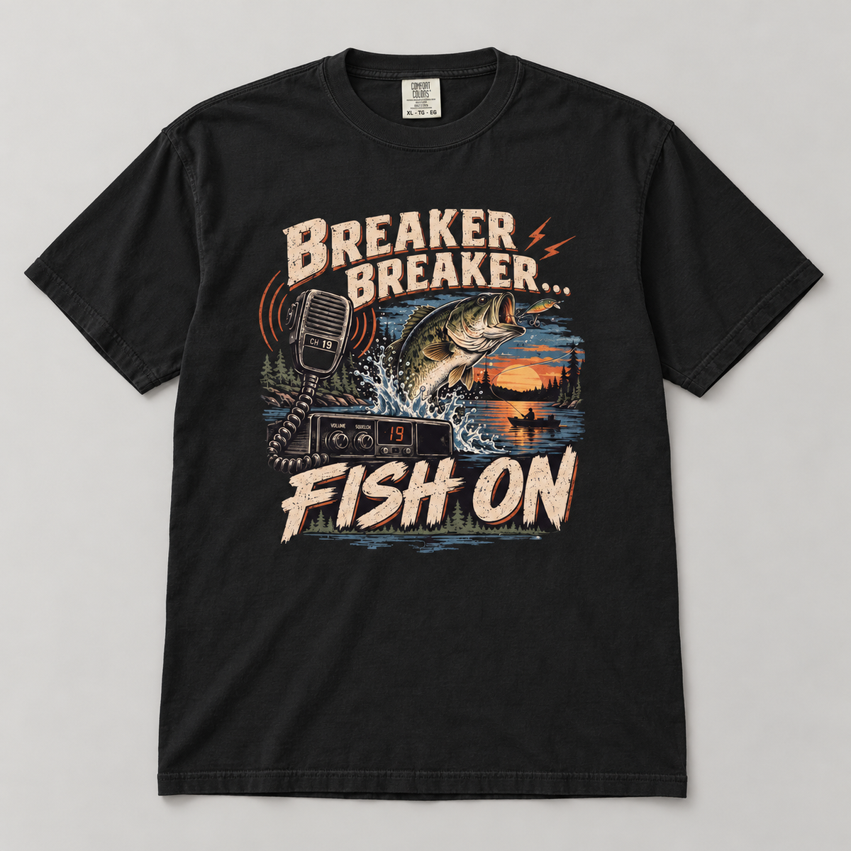 AI flat-lay mockup of the Black Breaker Breaker Fish On T-shirt with the bass fishing and CB radio graphic.