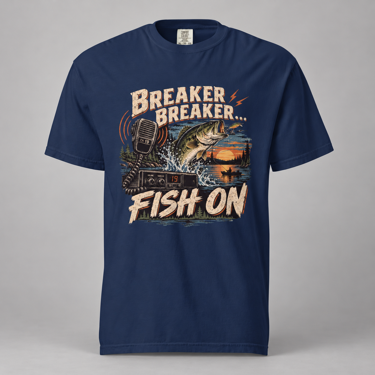 AI mockup of the True Navy Breaker Breaker Fish On T-shirt, front view with bass fishing and CB radio graphic.