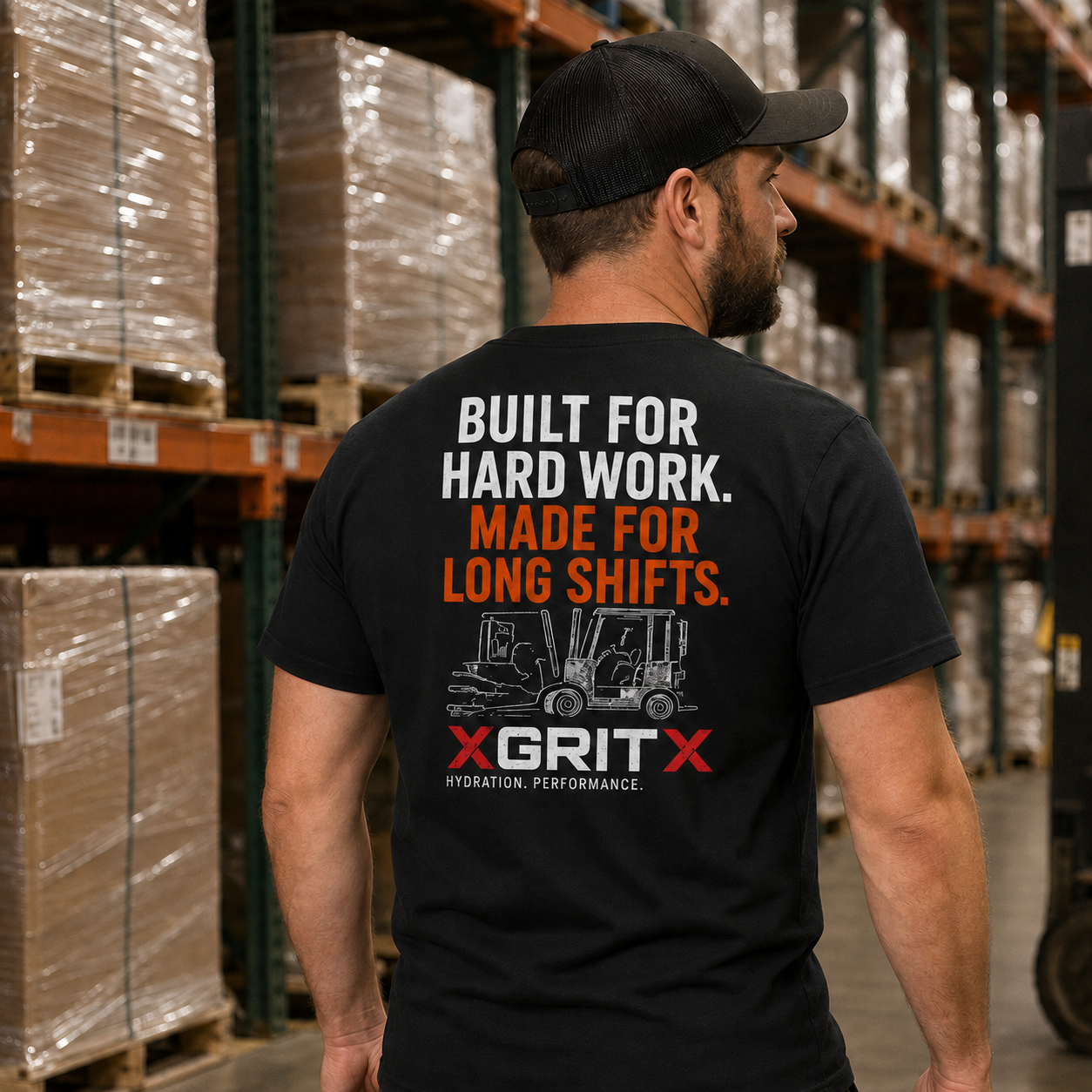 Warehouse worker wearing XGRITX Built for Hard Work Made for Long Shifts T-shirt